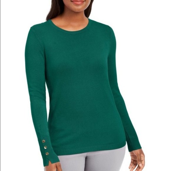 JM Collection Sweaters - JM Collection Button Cuff Crewneck Sweater